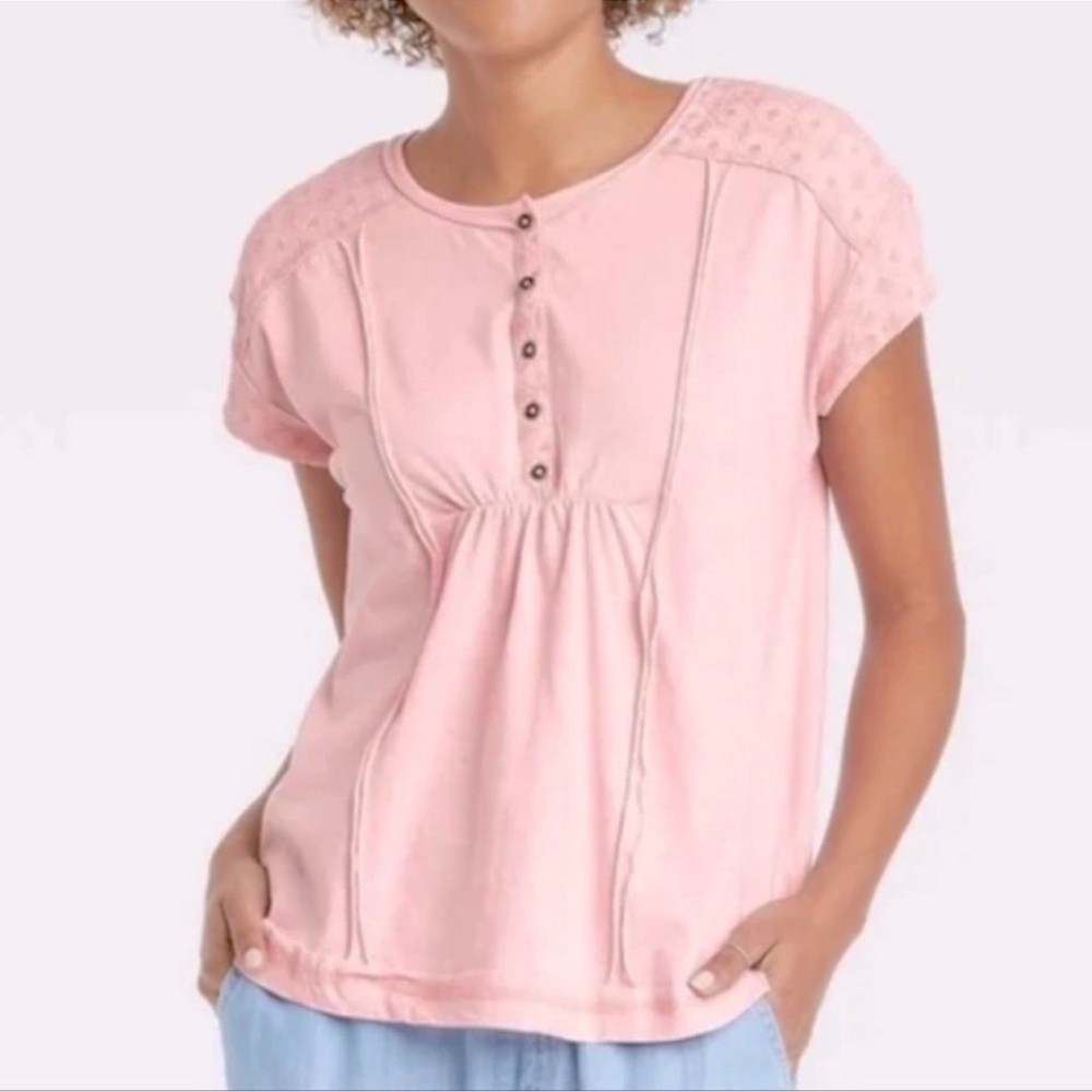 Knox Rose Blouse Light Pink Bohemian Short Sleeve Henley Embroidered Womens XXL